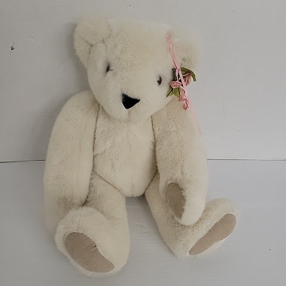 Vermont Teddy Bear White 1984 Vintage Plush Rose Detail 15 Inch Made in USA